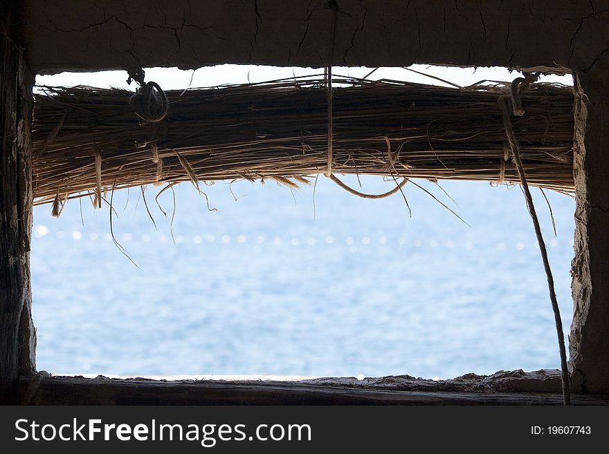 Lake view from traditional Macedonian log cabin on water, Ohrid lake, Macedonia. Lake view from traditional Macedonian log cabin on water, Ohrid lake, Macedonia