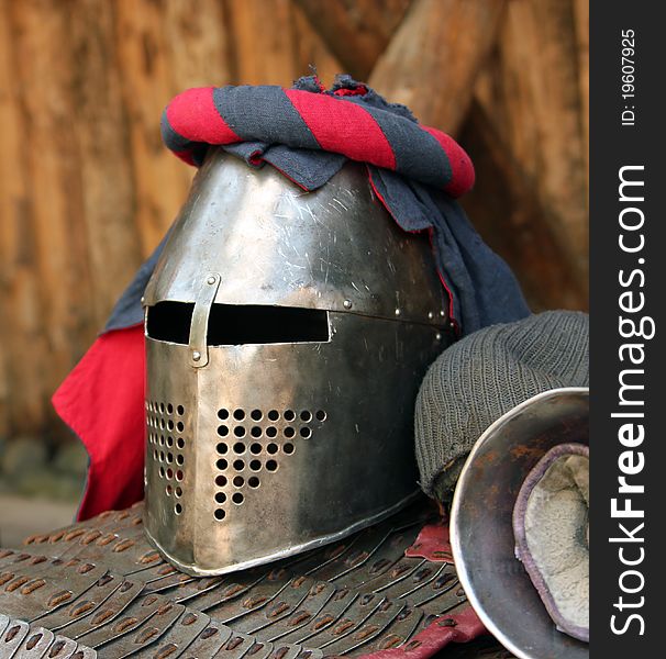 Protective metal helmet. Close up of a medieval armour. Protective metal helmet. Close up of a medieval armour.