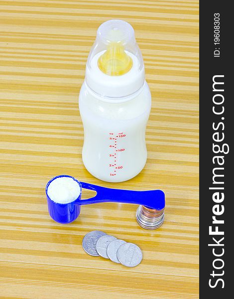 A spoon of baby's milk supported by a stack of small coins and a bottle of milk. A spoon of baby's milk supported by a stack of small coins and a bottle of milk.
