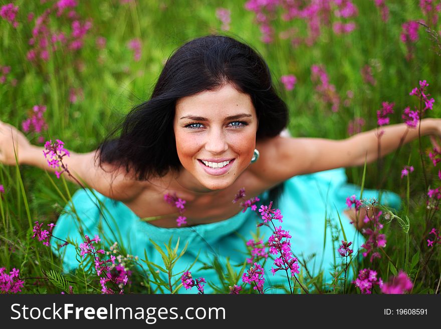 Woman On Pink Flower Field