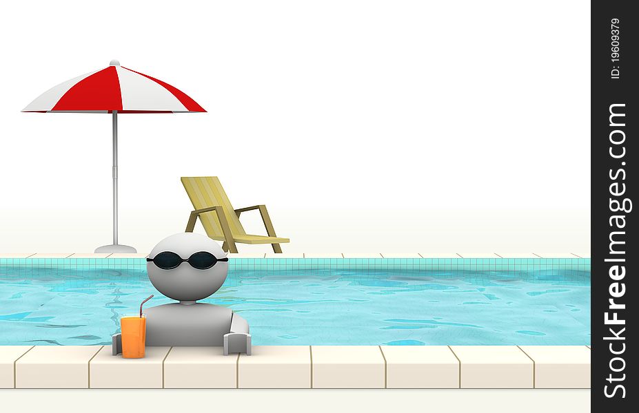 One 3d man who drinks a fresh beverage on a swimming pool (3d render). One 3d man who drinks a fresh beverage on a swimming pool (3d render)