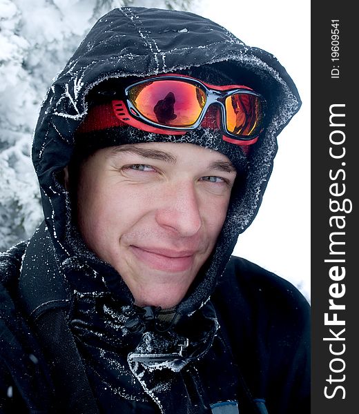 Hiker at the mountains covered with snow