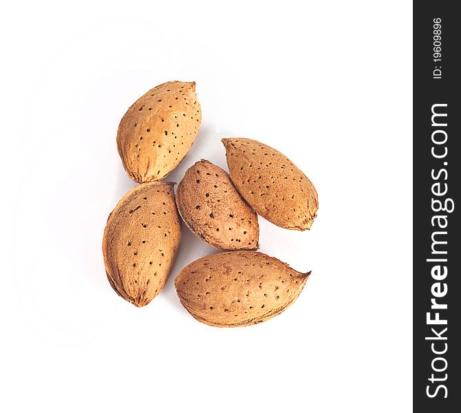 Five almond nut on white background. Five almond nut on white background