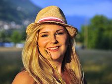 Beautiful Summer Female Portrait With Hat Stock Photo