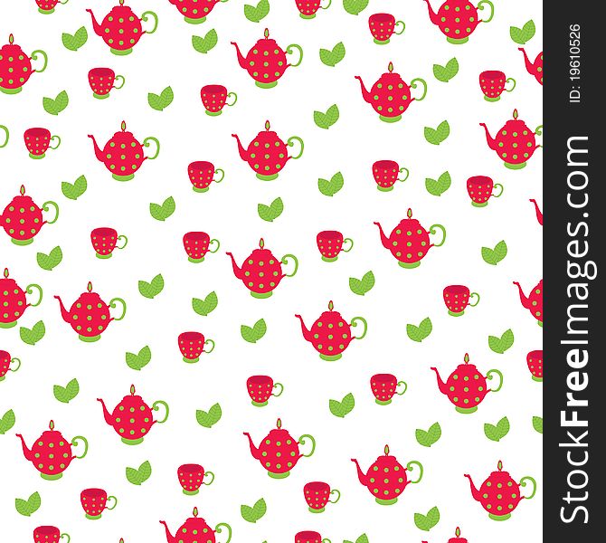 Seamless wallpaper pattern. Red tea pot with cup and leaves on white background