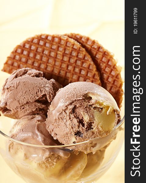 Chocolate and vanilla ice cream, close up. Chocolate and vanilla ice cream, close up