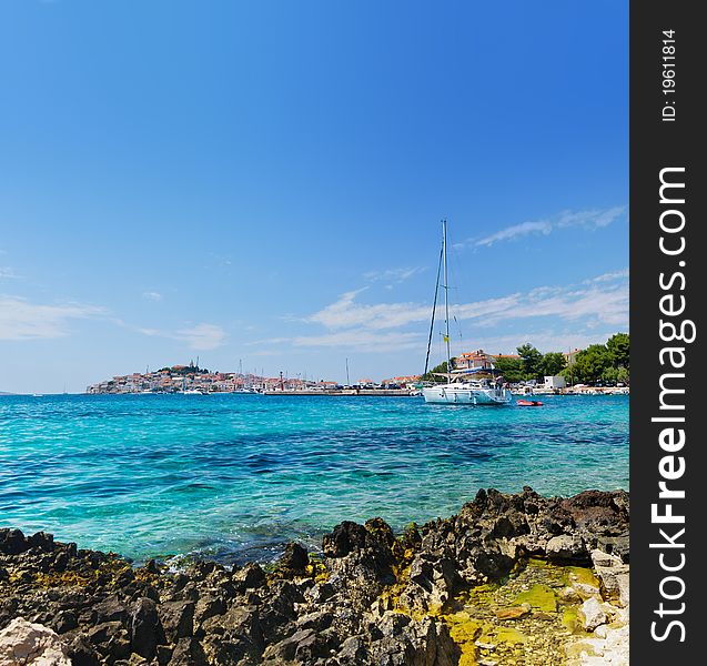 Panoramic view of the Dalmatian coast and sea with yacht from the city of Rovinj Croatia