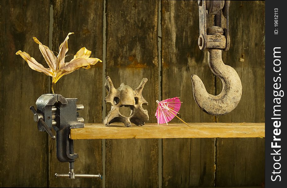 Composition with hook, skull, umbrella for cocktails and dryed flower over wooden background. Composition with hook, skull, umbrella for cocktails and dryed flower over wooden background