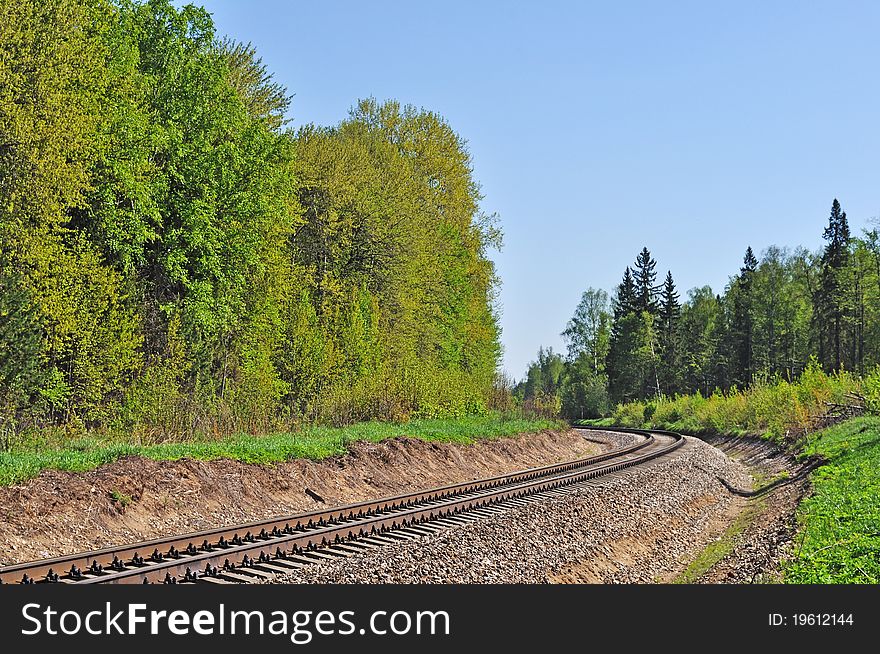 Curved railroad track in the forest. Curved railroad track in the forest