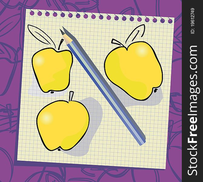 Doodle apple contours on paper sheet. Doodle apple contours on paper sheet.