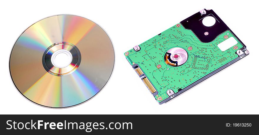 Compact disk and hard drive isolated on white background. Compact disk and hard drive isolated on white background