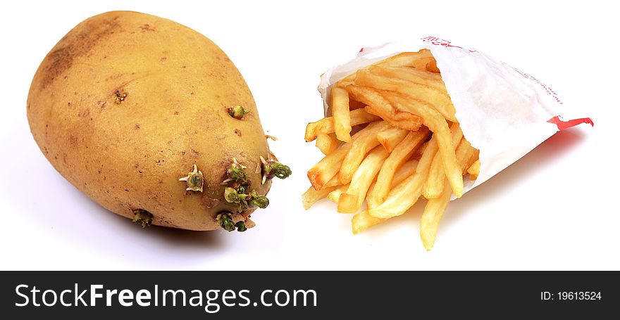 French fries with potato isolated on white background.