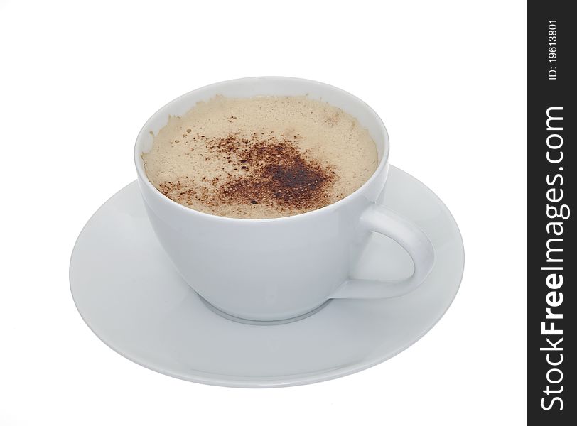 A cup of coffee in a white teacup with saucer isolated against a white background