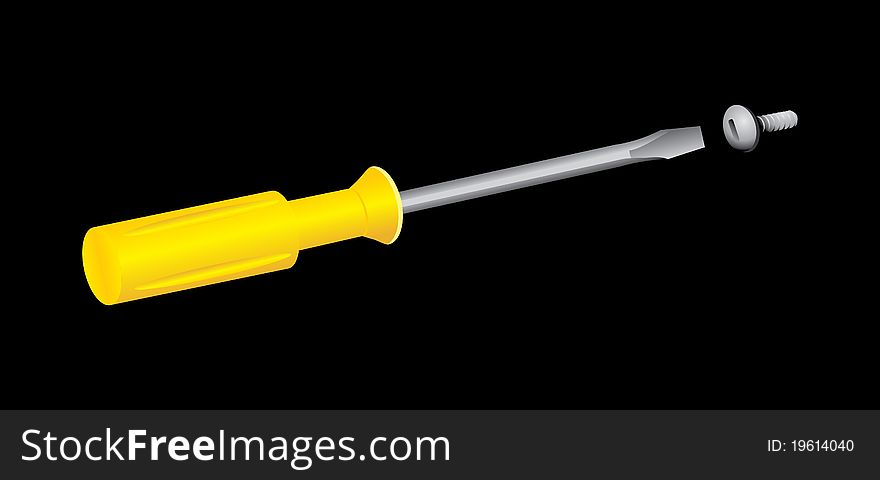 Screwdriver With Screw On The Black Background