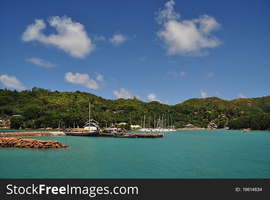 Harbour at Praslin Island in the ocean, Seychelles