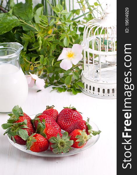 Plate with fresh strawberries and jug of milk on white table with old vintage cage and wild flowers