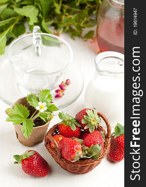 Little basket of fresh strawberries, blossom sprout, empty teacup and jug milk on white table. Little basket of fresh strawberries, blossom sprout, empty teacup and jug milk on white table