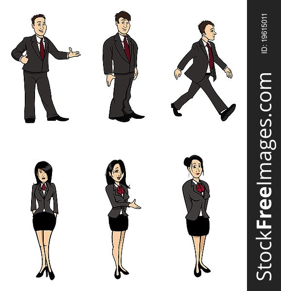 Cartoon illustration of a businessman and a businesswoman. Cartoon illustration of a businessman and a businesswoman