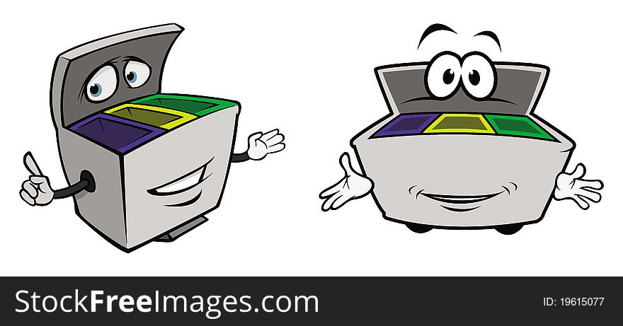 Cartoon illustration of recycle bins