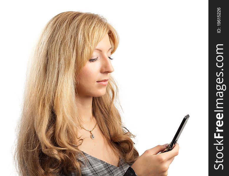 Portrait of a woman in career sending sms.