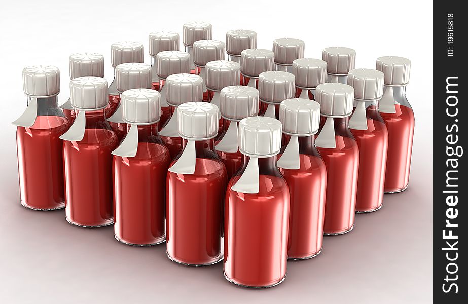 Transparent bottles with a vaccine against a white background