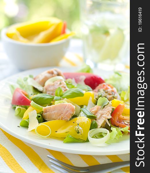 Fresh vegetable salad with grilled salmon