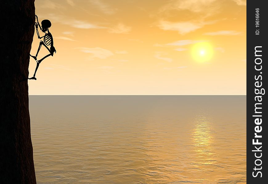 Illustration of skeleton climber silhouette hanging on rock. Mountain, sunset or sunrise, sea.