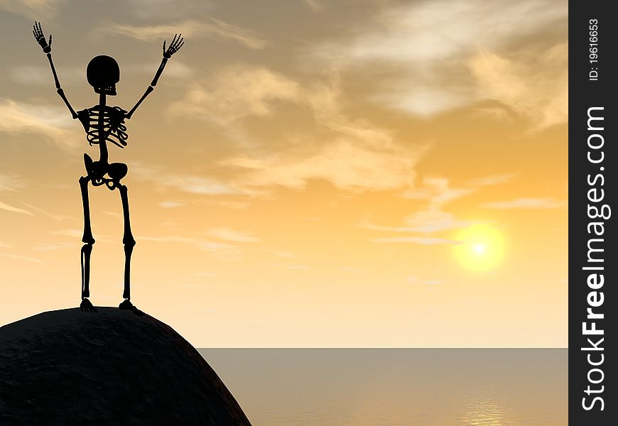 Illustration of skeleton climber silhouette on top of rock. Mountain, sunset or sunrise, sea.