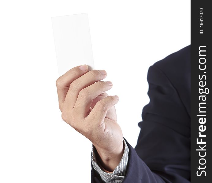 Business man with blank card. Business man with blank card