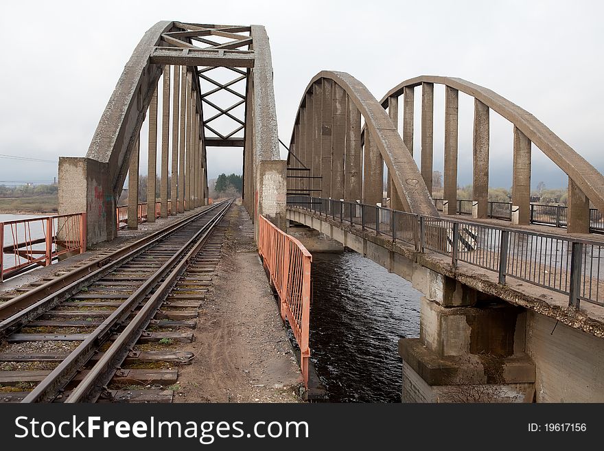 Railway bridge through Volga river In Kalyazin. Russia