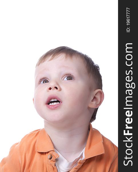 Two, three years old baby boy look up isolated on a white background.