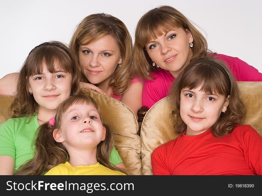 Happy family of five on a white background. Happy family of five on a white background