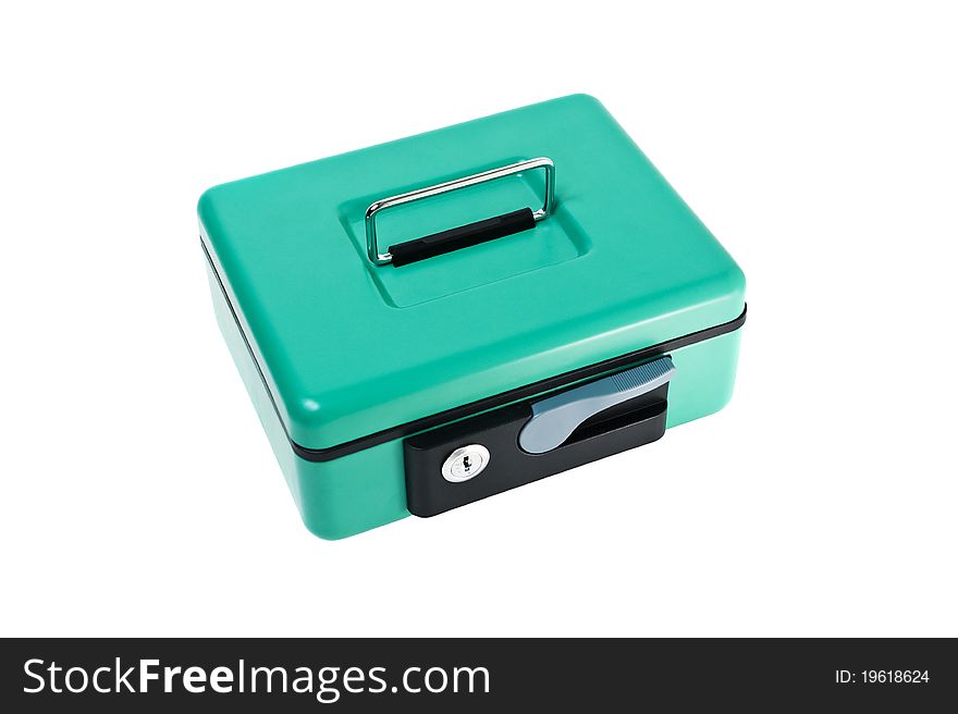 Closed metal cash box on white background