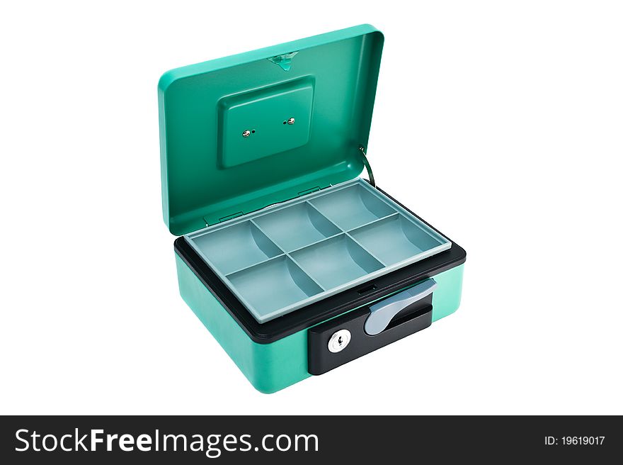 Opened metal cash box on white background