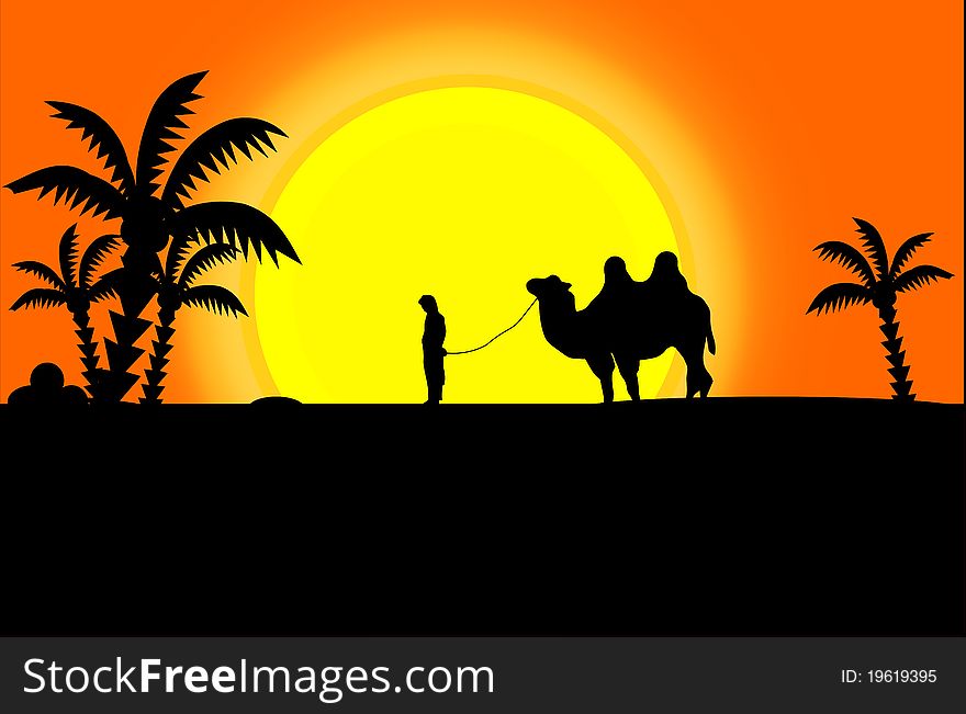 Beautiful picture of black silhouettes of camel, palms and man. Beautiful picture of black silhouettes of camel, palms and man.