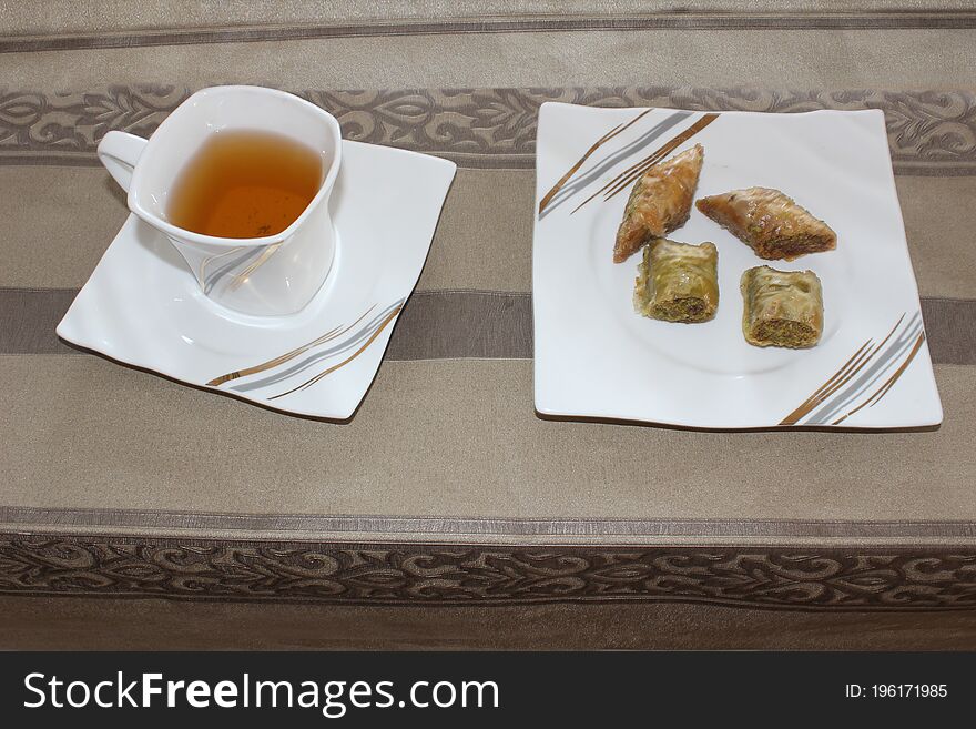 Tasty Fresh Baklava In Plate With Tea