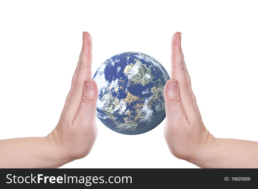 Two palms on a white background hold the planet. Two palms on a white background hold the planet