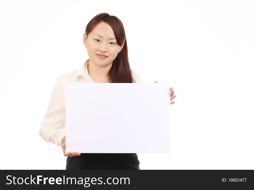 Young asian business woman holding empty white board