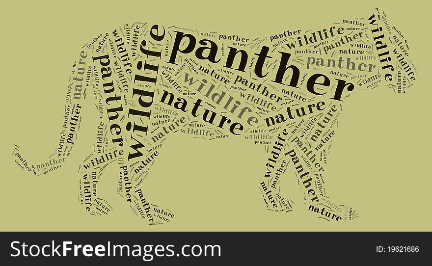 Textcloud: silhouette of panther and wildlife. Textcloud: silhouette of panther and wildlife