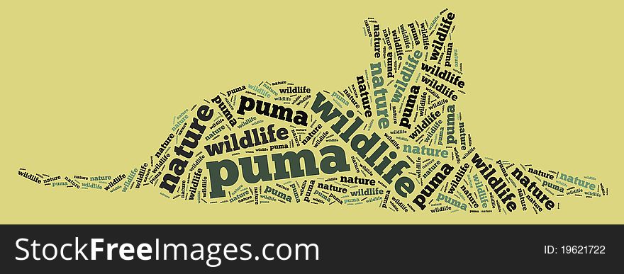 Textcloud: silhouette of puma on brown background. Textcloud: silhouette of puma on brown background