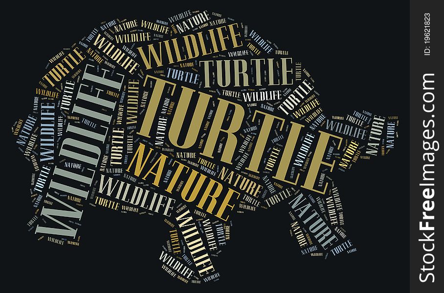 Textcloud: isolated silhouette of turtle on black background. Textcloud: isolated silhouette of turtle on black background