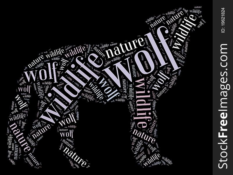 Textcloud: silhouette of wolf on black background. Textcloud: silhouette of wolf on black background