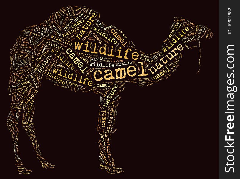 Textcloud: silhouette of camel of wildlife words on brown background. Textcloud: silhouette of camel of wildlife words on brown background