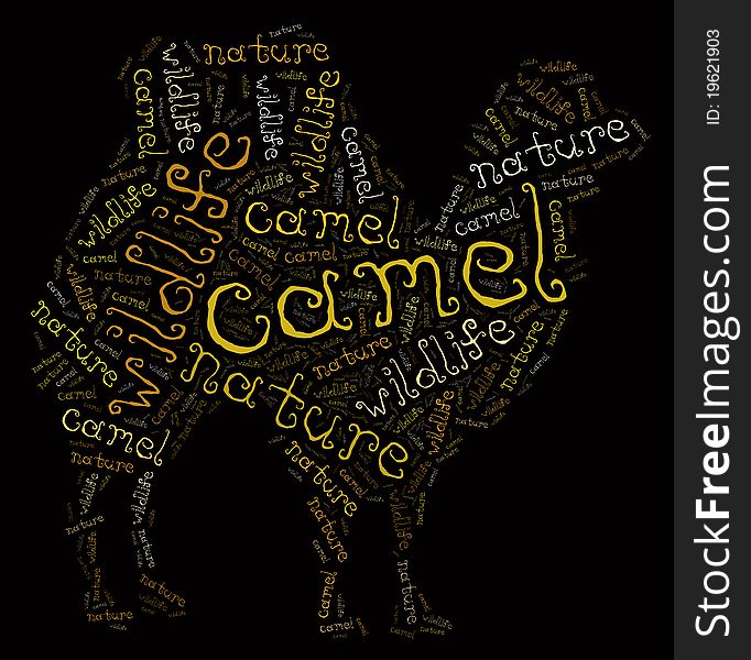 Textcloud: silhouette of camel on isolated black background. Textcloud: silhouette of camel on isolated black background