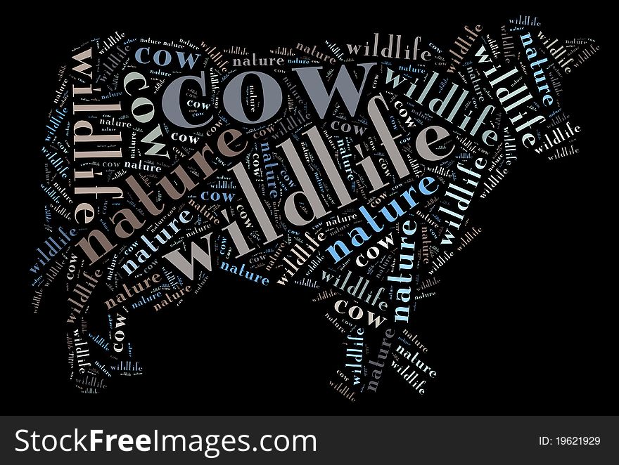 Textcloud: silhouette of cow of nature words on black backgroung. Textcloud: silhouette of cow of nature words on black backgroung