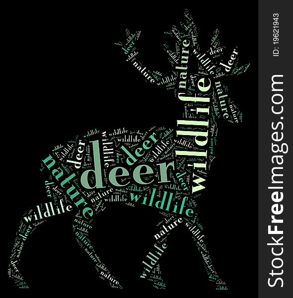 Textcloud: silhouette of deer of nature words on black backgroung. Textcloud: silhouette of deer of nature words on black backgroung