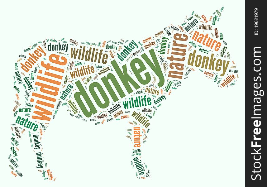 Textcloud: silhouette of donkey of nature words on green backgroung. Textcloud: silhouette of donkey of nature words on green backgroung