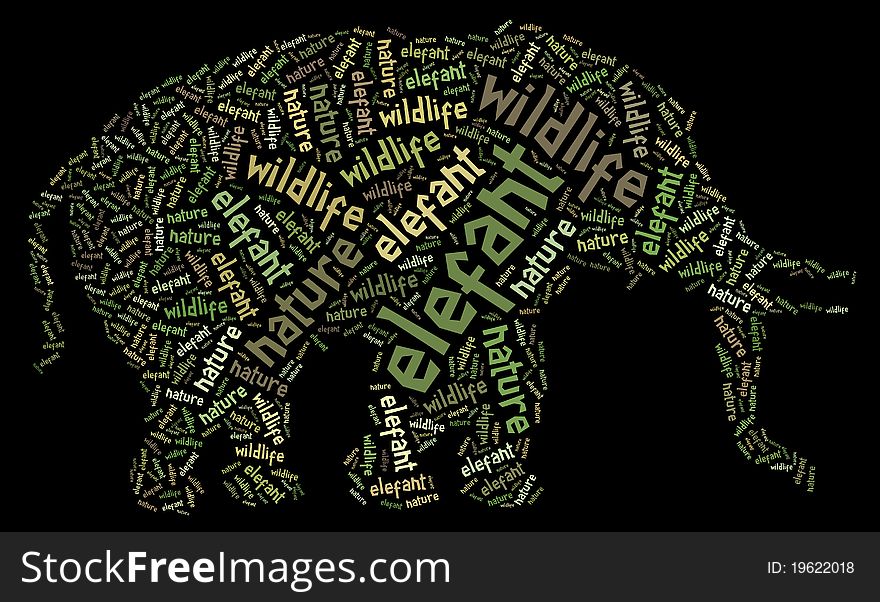 Textcloud: silhouette of elefant on isolated black background. Textcloud: silhouette of elefant on isolated black background