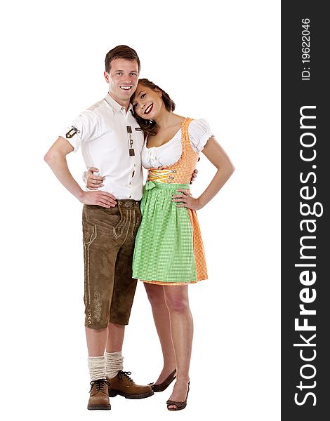 Happy Bavarian Couple In Love Holds Each Other