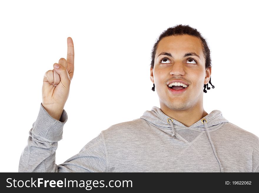 Young ethiopian man pointing with finger up at copyspace. Isolated on white background. Young ethiopian man pointing with finger up at copyspace. Isolated on white background.